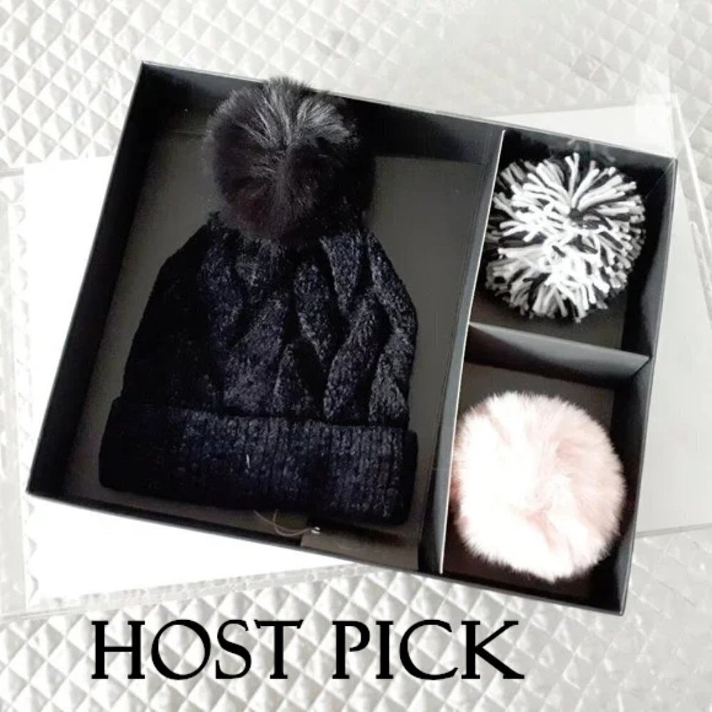 NIB / NWT Vince Camuto black beanie & 3 pom poms box set